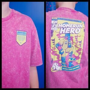 Plate Crate Homerun Hero Graphic T-Shirt Pink Acid Wash Size Medium NWT